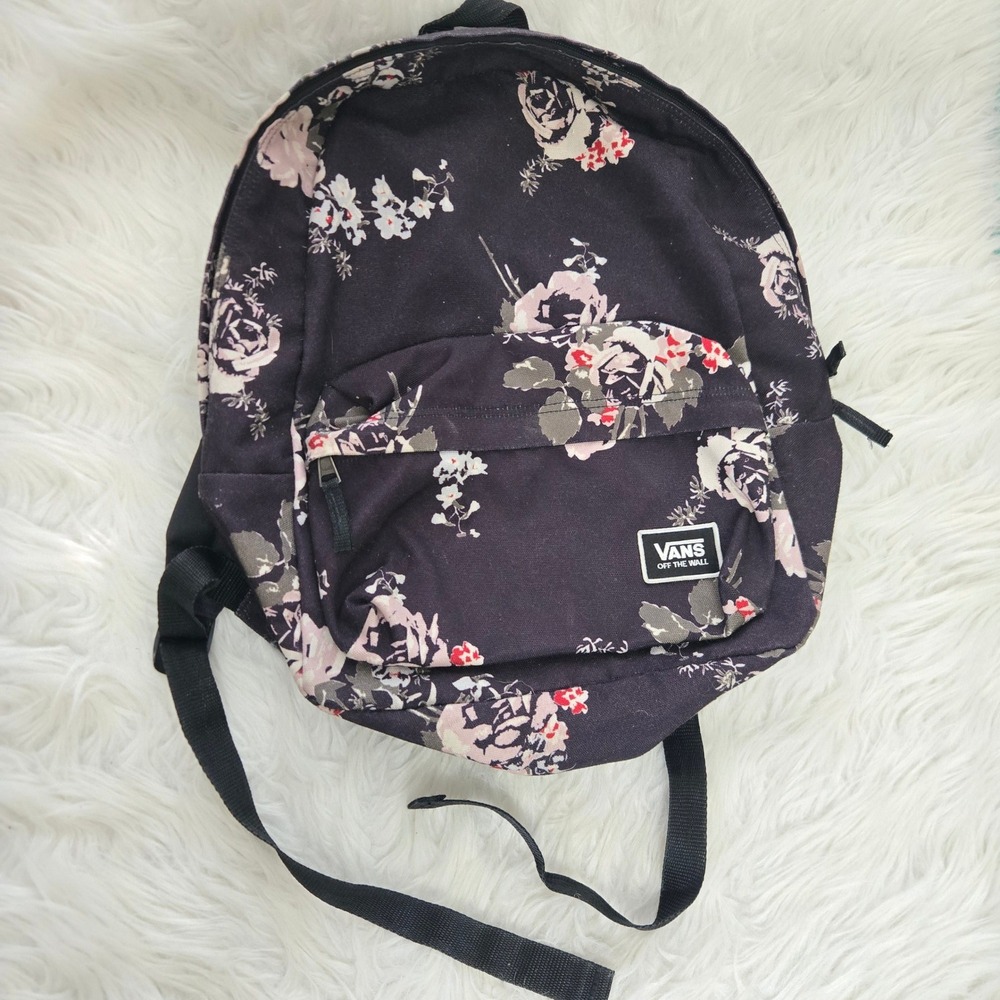 Vans Realm Backpack Black Floral Print Canvas School Bag Laptop Sleeve